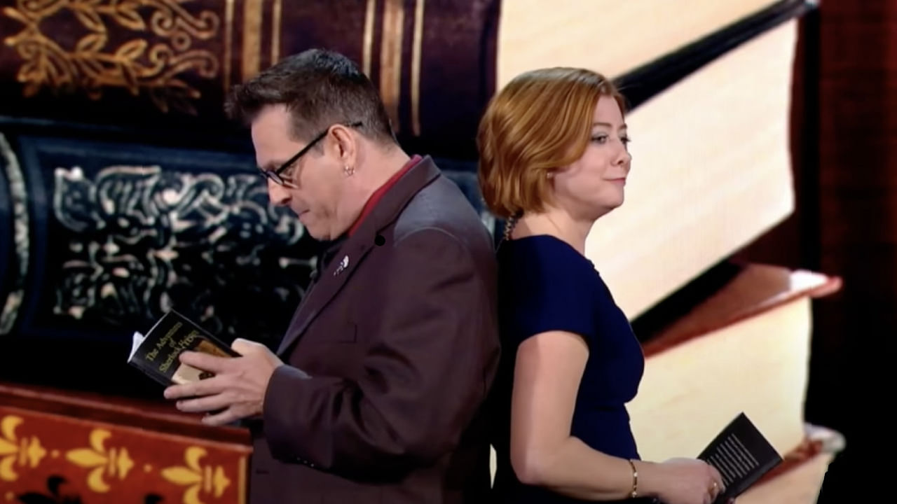 Magician Shawn Farquhar and alyson hanigan performing sheer luck book test on penn and teller fool us